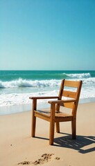 An empty, sun-baked chair sits alone on a deserted beach, waves crashing in the distance, symbolizing the isolating chill of loneliness despite warmth , yearning, forgotten