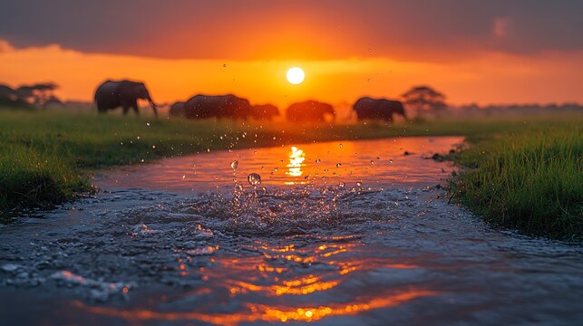 Elephants grazing at sunset in african savanna - Powered by Adobe