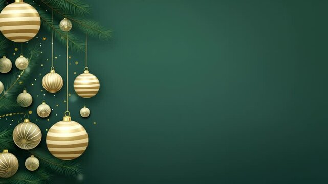 Christmas and New Year holiday background. Emerald Glass Balls and gold star hanging Christmas tree branch on green background with copy space for text. The concept of Christmas and New Year holidays