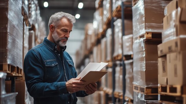 Mature man holding file and checking inventory at warehouse