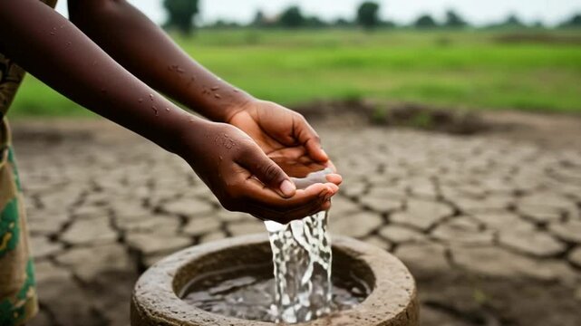 Water scarcity in arid regions, child's hands with water over parched earth illustrating conservation
