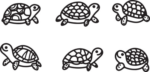 set of line art drawn cute turtles