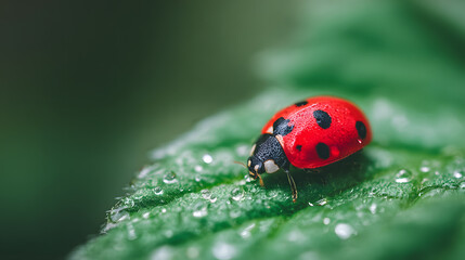 Obraz premium A vibrant ladybug rests on a dew-kissed green leaf showcasing intricate details of nature's beauty.