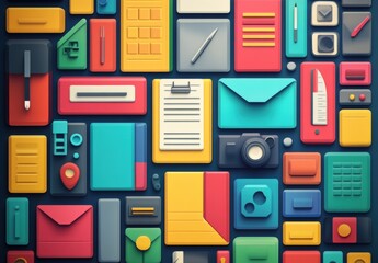 A vibrant collection of colorful office icons depicting tools, documents, and organizational items.