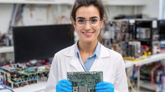 Female Engineer in Lab Holding Circuit Board and Smiling Brightly - Powered by Adobe