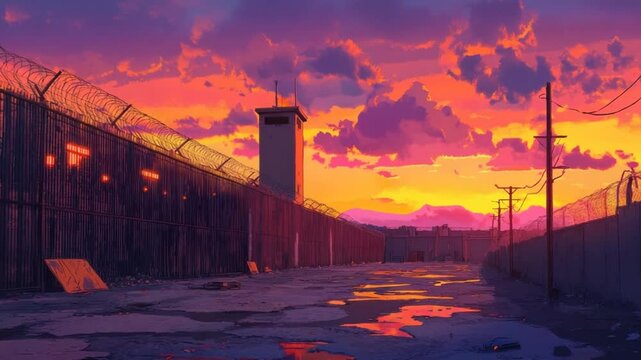Anime style prison yard at sunset, featuring dramatic clouds and reflections