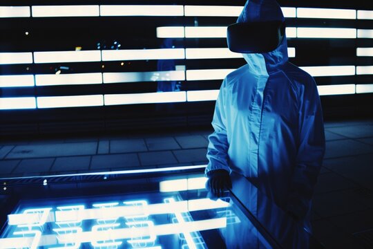 Young Adult Caucasian Man Wearing Virtual Reality Headset Conducting Lab Experiment