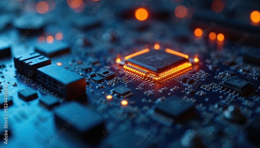 Poster Close-up view of a blue circuit board. Electronic components, microchips, processor with orange lighting detail. Tech, data processing, computer hardware, digital, innovation, modern.