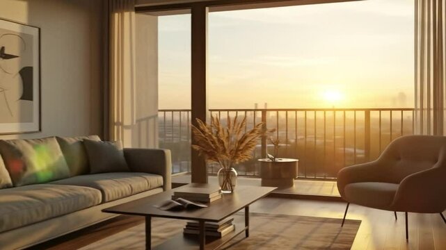 Modern apartment interior design ideas living room decor with sunset city view home staging inspiration