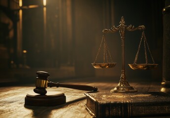 A Wooden Gavel Resting on its Sound Block in the Foreground Brass Justice Scale With Book of Law and Judicial System