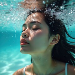 Young woman submerged underwater. Eyes closed, serene face, bubbles in clear water. Beauty, peace, relaxation, skin texture. Portrait in motion, clear water background, healthy lifestyle.