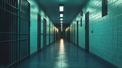 Creepy prison hallway with cells and bars, dark and moody jail interior setting - Powered by Adobe