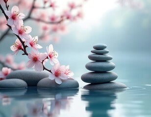 Serene zen stones arrangement with cherry blossoms reflected in calm water. Nature background, peaceful scene for spa, wellness, meditation. Focus on balance, harmony, tranquility, Japanese garden