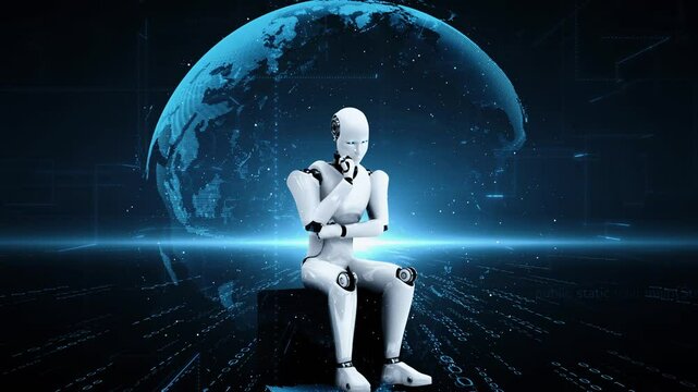 Futuristic robot artificial intelligence huminoid AI programming coding technology development and machine learning concept. Robotic bionic science research for future of human life. 3D rendering.