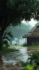 Natural Rain Scene with Wooden Shelter