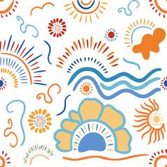 Seamless Abstract Sun and Waves Pattern, Hand Drawn Summer Vector Background