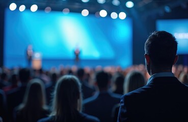 Large audience at conference listens speaker on stage. Public business event, corporate meeting, workshop with presentation. Blurred blue background with lights. Formal indoor assembly, discussion,