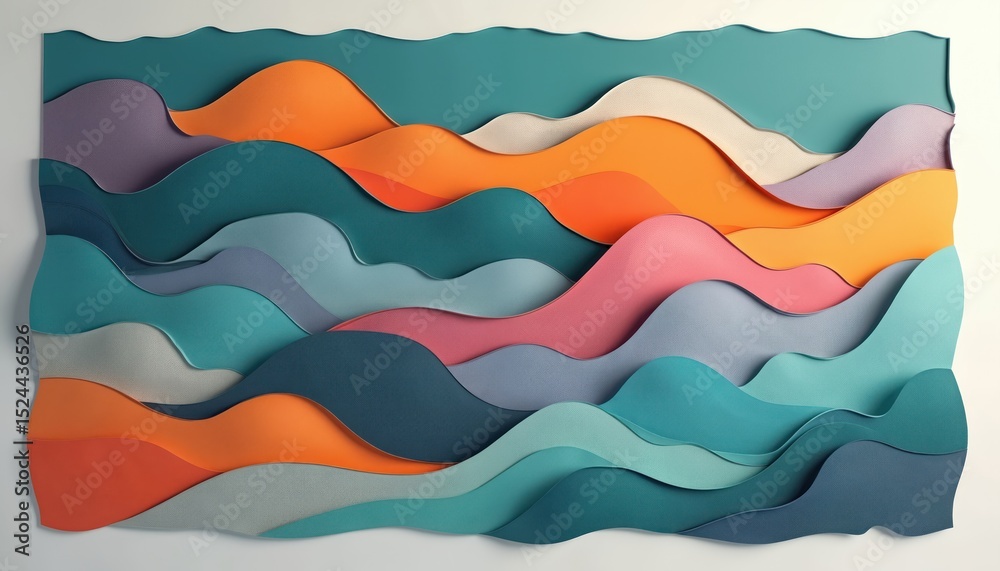 Poster vibrant abstract wave patterns in rich colours. dynamic curves, smooth textures, teal, orange, purpl