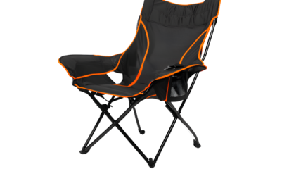 Vector icon of a silhouette figure running up stairs, composed of simple shapes, on a transparent background - Camping chair, black and orange color scheme, transparent background (3)