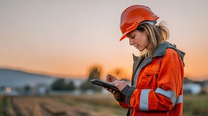 Female Engineer Using Tablet for Environmental Monitoring at Site