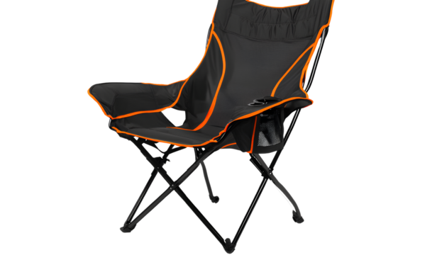 Vector icon of a silhouette figure running up stairs, composed of simple shapes, on a transparent background - Camping chair, black and orange color scheme, transparent background (3)