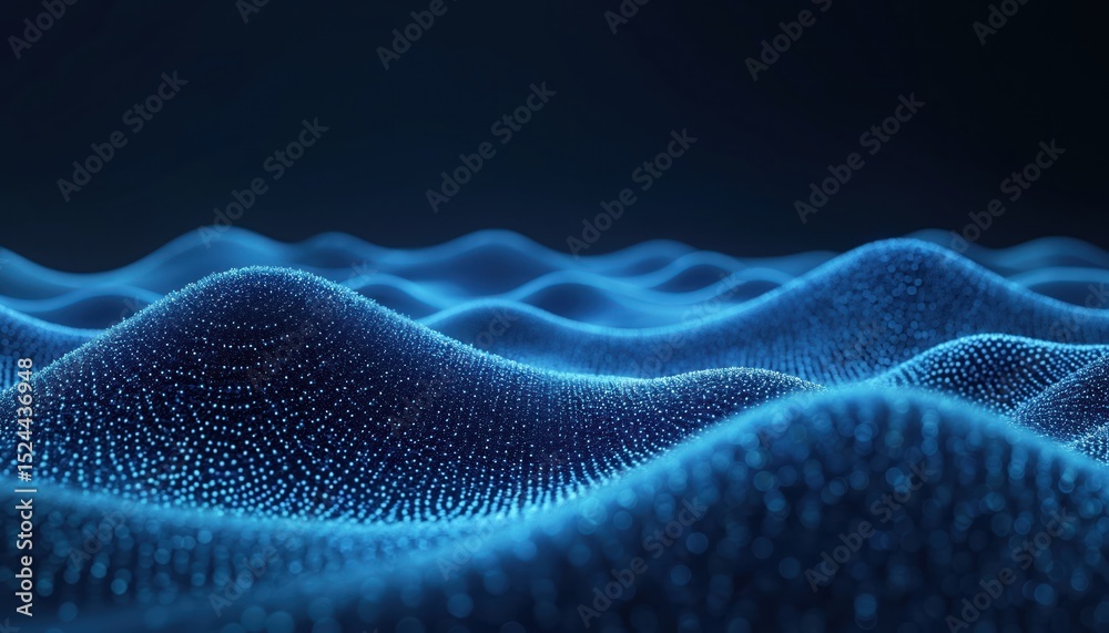 Poster Abstract wave-shaped array glowing dots in blue. 3D data technology background, digital network structure, tech innovation. Concept cyberspace, crypto, blockchain. Futuristic, modern digital wave
