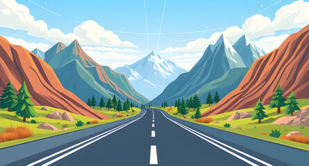 cartoon mountain path, curvy road in mountains, hill road vector, mountain landscape with road, cartoon valley road, forest mountain road, mountain trail illustration, road through hills, rural mounta © mrpixel