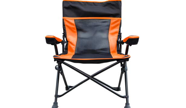 Vector icon of a silhouette figure running up stairs, composed of simple shapes, on a transparent background - Camping chair, black and orange color scheme, transparent background