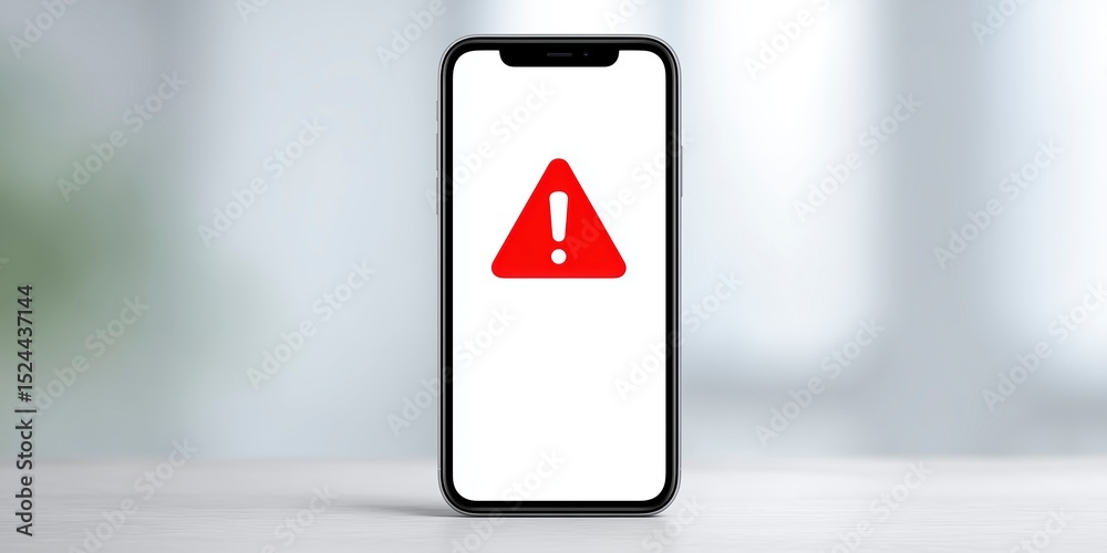 Poster smartphone mock up displaying a red warning sign on a blank screen, positioned on a light wooden sur
