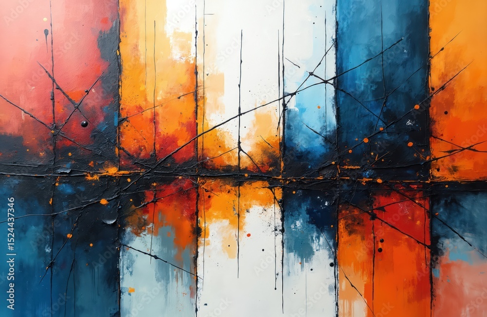 Poster abstract painting features cubism, expressionism, surrealism styles. complex colorful shapes and lin