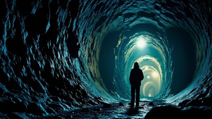Silhouette of Young Adult Man Exploring Underground Tunnel Illuminated by Lights