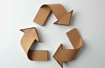 Close-up of recycle symbol made from brown cardboard arrows against white background. Eco-friendly design promotes environment protection concept. Perfect for ecological, waste, reusing projects.