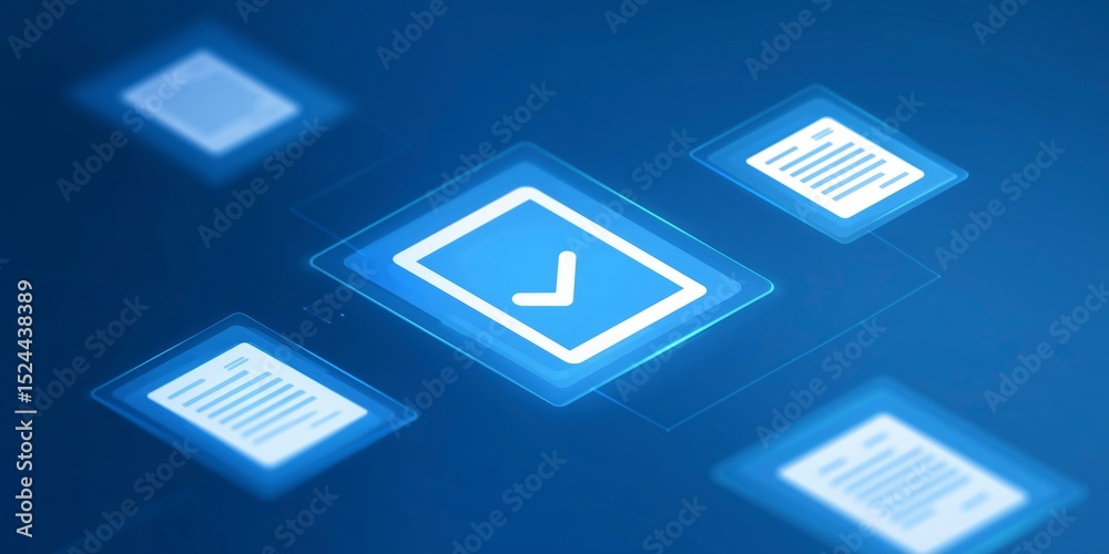 Fototapete Digital interface with document icons and checkmarks representing approval workflow in a modern and efficient layout

