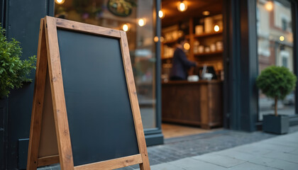 Wooden chalkboard sign restaurant cafe outdoors. Empty space for text, menu. Blurred background inside coffee shop. Business, retail, food, drink industry promotion. Urban setting, street. Focus on