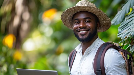 Smiling man with backpack and laptop in lush greenery