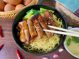 Grilled Chicken Noodle Bowl with Sesame and Soup &ndash; Asian Street Food Style