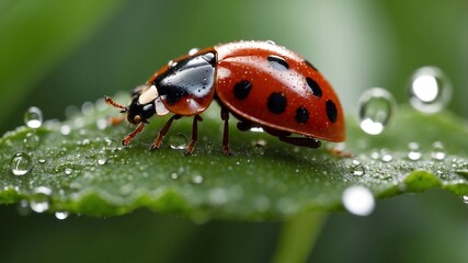 Fototapeta premium Ladybug on Dew-Kissed Leaf: A vibrant ladybug, adorned with black spots, perches delicately on a lush green leaf, glistening with morning dew.