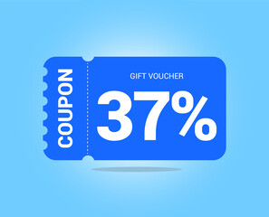 37% coupon promotion sale. Thirty seven percent Vector Gift Voucher. Blue discount, lucky ticket, special offer promo. Web, shopping label, percent sign. Special price offers.