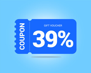 39% coupon promotion sale. Thirty nine percent Vector Gift Voucher. Blue discount, lucky ticket, special offer promo. Web, shopping label, percent sign. Special price offers.