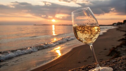 Obraz premium Elegant white wine in a crystal glass by a seaside