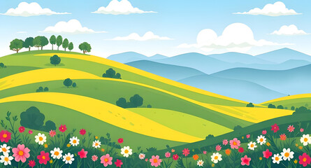 Fototapeta premium green field and blue sky with clouds