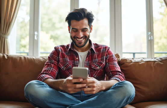 Smiling young latino man sits comfortably on couch at home using smartphone. Happy guy reads message, watches video, uses social media app. Modern tech, mobile communication, entertainment in house.