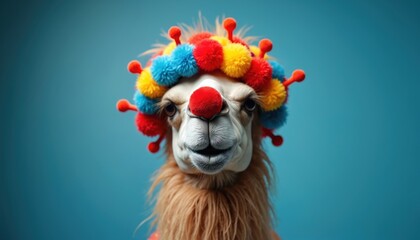 Naklejka premium Camel dressed as clown on blue background. Funny animal wearing wig red nose. Amusing character with comical attire, bizarre look. Circus entertainment, humor. Bright colorful photo for design.