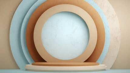 A 4K photo of adobe Stock-ready abstract stage render with clear circle at center, neutral tones of pale blue and tan, and copy space above.