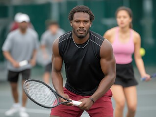 Male tennis player in black athletic wear prepares for a serve on a court surrounded by fellow players, showcasing competitive spirit and dynamic sports action