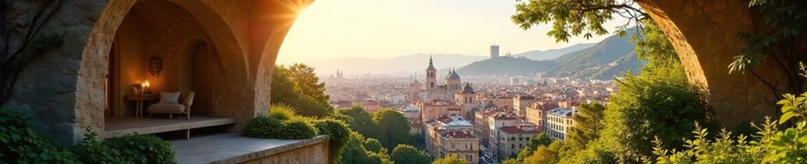 Fototapeta premium Serene Barcelona cityscape viewed from a secluded sanctuary, sunlight illuminating architectural details Find peace and tranquility in this urban oasis , travel, urban