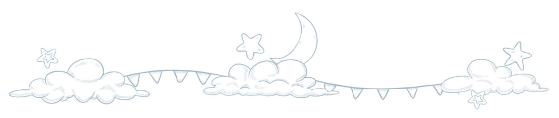Vector illustration of a Cloud and Star Border with a crescent moon and bunting. Linear drawing for baby shower greeting cards or nursery invitations. Border for childish bedtime designs.