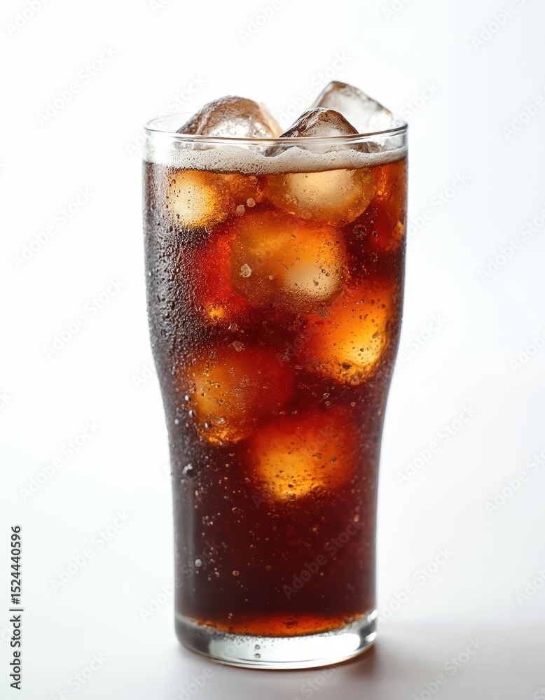 Poster cold refreshing soda drink with ice cubes in transparent glass. fizzy beverage on white background. 