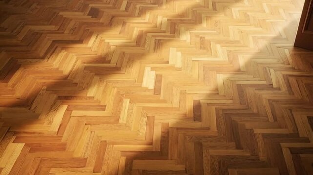 Close up of a herringbone pattern wood floor with light shining across the surface area nicely background texture video
