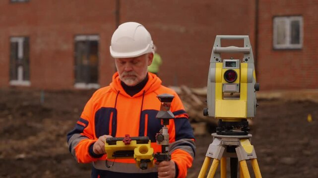 Construction site engineer operating surveying equipment EDM on building site 